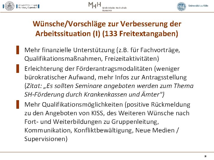Wünsche/Vorschläge zur Verbesserung der Arbeitssituation (I) (133 Freitextangaben) ▌ Mehr finanzielle Unterstützung (z. B.