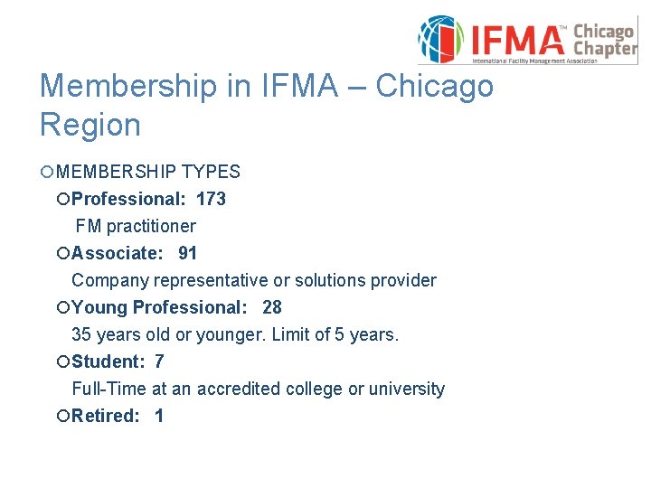Membership in IFMA – Chicago Region ¡MEMBERSHIP TYPES ¡Professional: 173 FM practitioner ¡Associate: 91