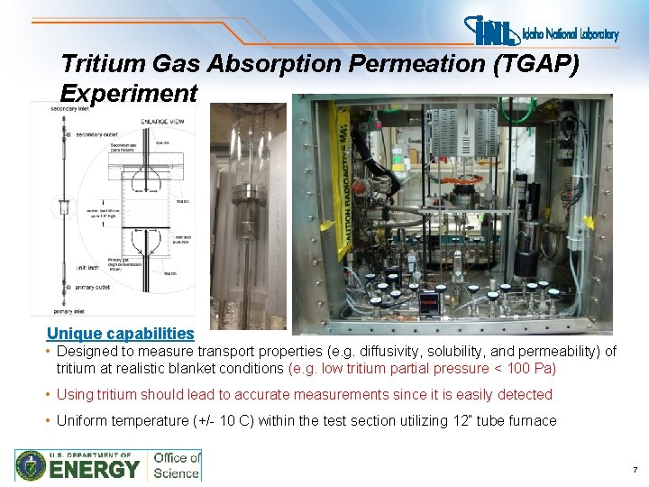 Tritium Gas Absorption Permeation (TGAP) Experiment Unique capabilities • Designed to measure transport properties
