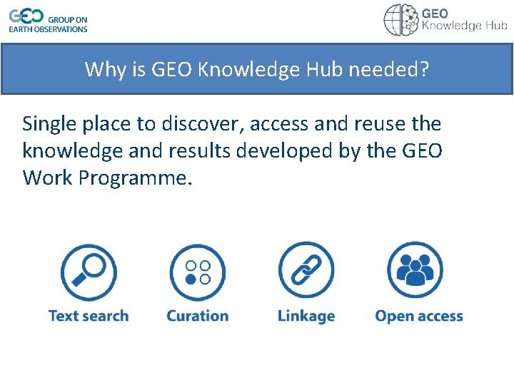 Why is GEO Knowledge Hub needed? Single place to discover, access and reuse the