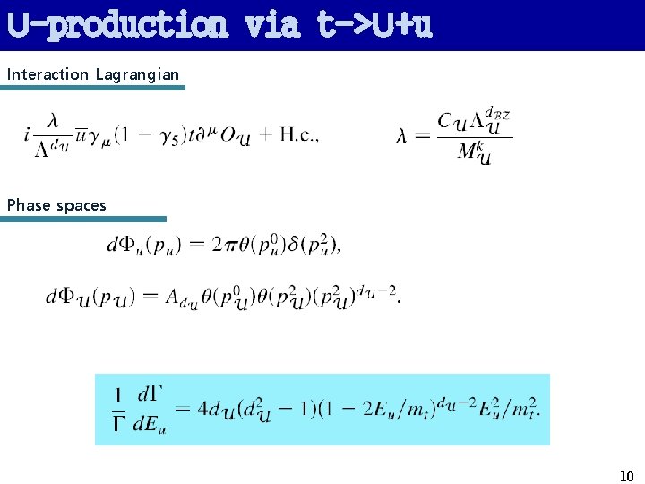 U-production via t->U+u Interaction Lagrangian Phase spaces 10 