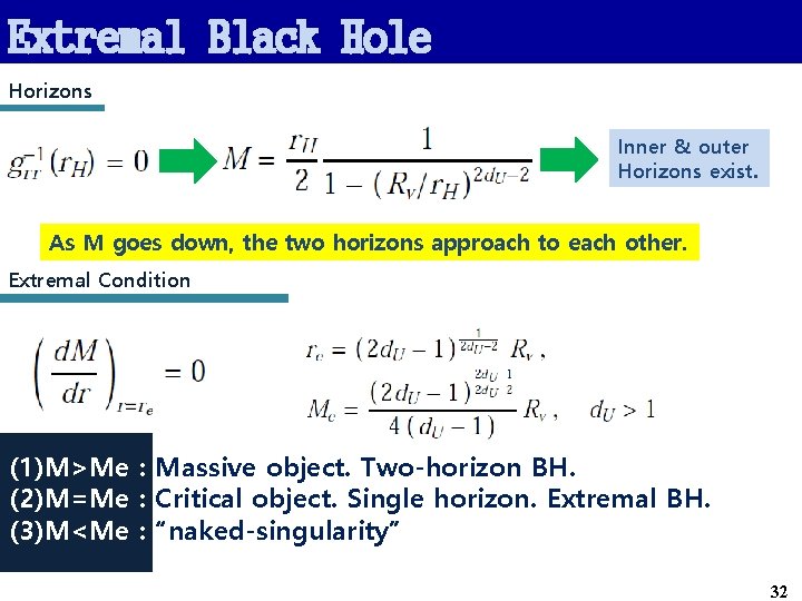 Extremal Black Hole Horizons Inner & outer Horizons exist. As M goes down, the