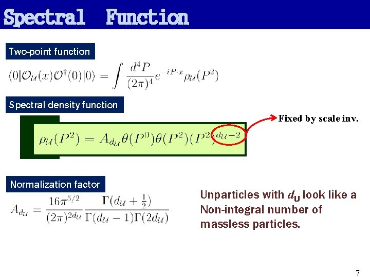 Spectral Function Two-point function Spectral density function Fixed by scale inv. Normalization factor Unparticles