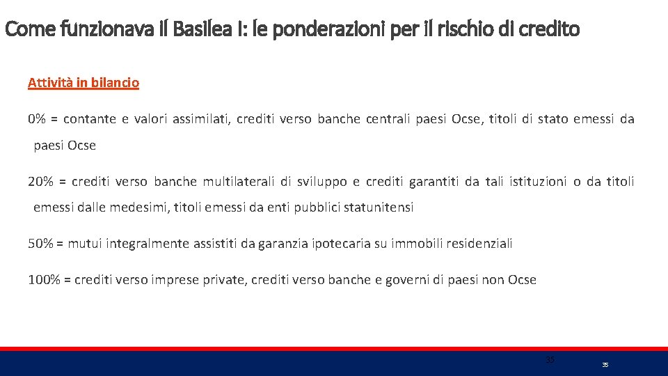 Come funzionava il Basilea I: le ponderazioni per il rischio di credito Attività in