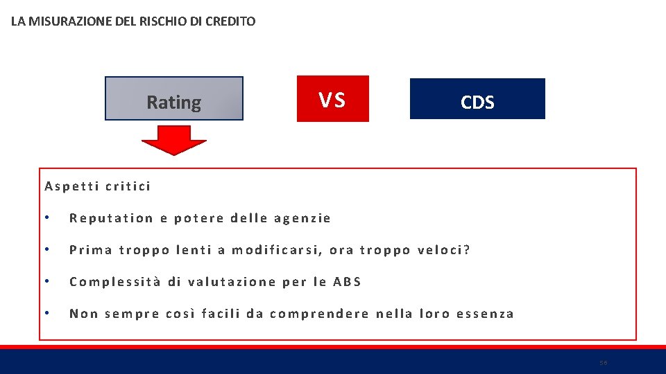 LA MISURAZIONE DEL RISCHIO DI CREDITO Rating VS CDS Aspetti critici • Reputation e