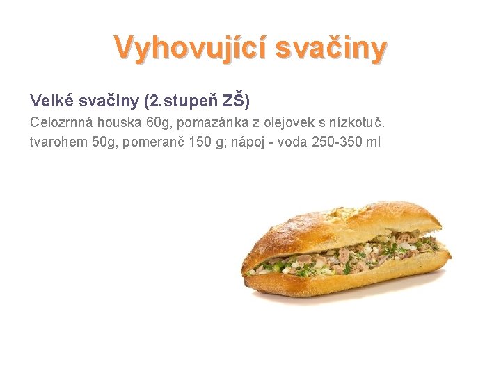 Vyhovující svačiny Velké svačiny (2. stupeň ZŠ) Celozrnná houska 60 g, pomazánka z olejovek