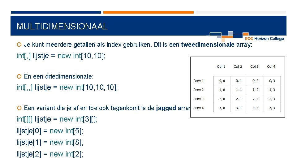 MULTIDIMENSIONAAL Je kunt meerdere getallen als index gebruiken. Dit is een tweedimensionale array: int[, MULTIDIMENSIONAAL Je kunt meerdere getallen als index gebruiken. Dit is een tweedimensionale array: int[,