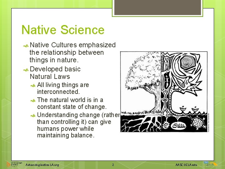 Native Science Native Cultures emphasized the relationship between things in nature. Developed basic Natural