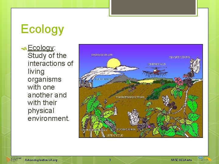 Ecology Ecology: Study of the interactions of living organisms with one another and with