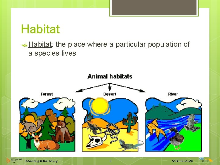 Habitat Habitat: the place where a particular population of a species lives. Advancing. Justice-LA.
