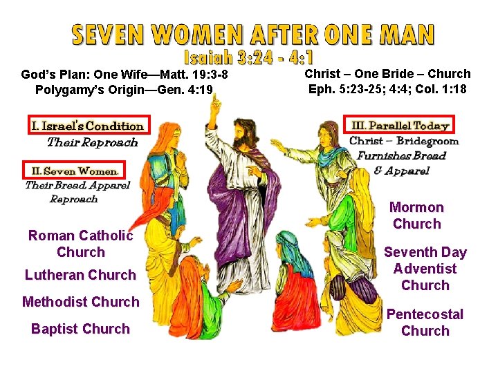 God’s Plan: One Wife—Matt. 19: 3 -8 Polygamy’s Origin—Gen. 4: 19 Christ – One