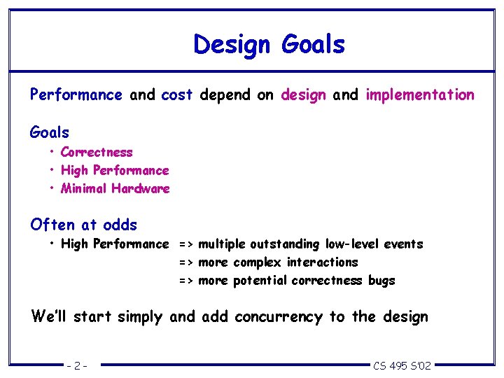 Design Goals Performance and cost depend on design and implementation Goals • Correctness •