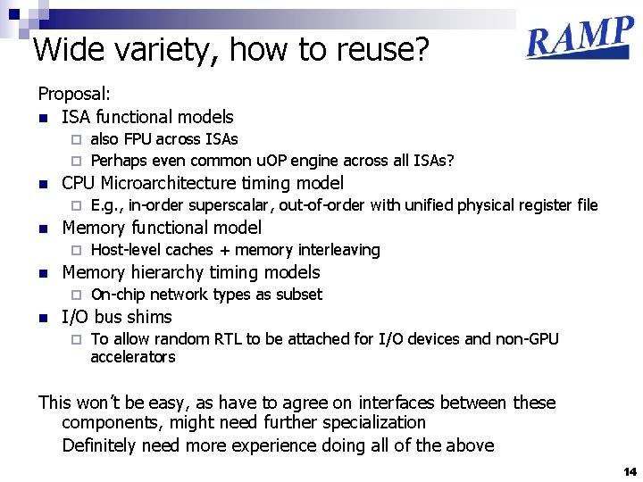 Wide variety, how to reuse? Proposal: n ISA functional models also FPU across ISAs