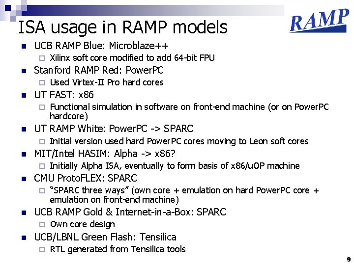ISA usage in RAMP models n UCB RAMP Blue: Microblaze++ ¨ n Stanford RAMP