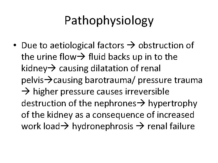 Pathophysiology • Due to aetiological factors obstruction of the urine flow fluid backs up