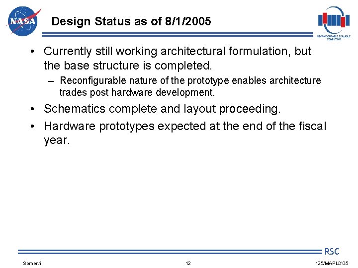 Design Status as of 8/1/2005 • Currently still working architectural formulation, but the base