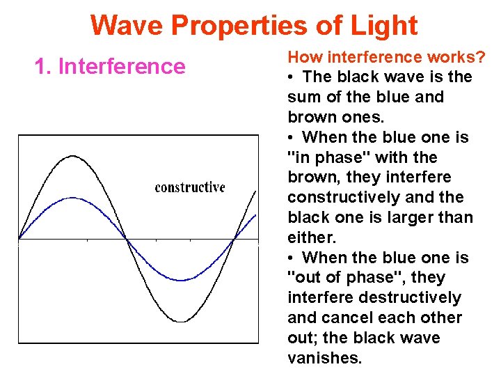  Wave Properties of Light 1. Interference How interference works? • The black wave