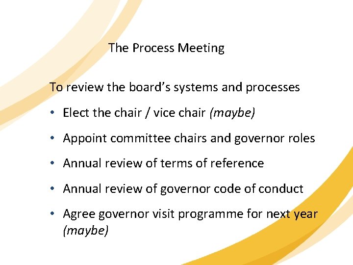The Process Meeting To review the board’s systems and processes • Elect the chair