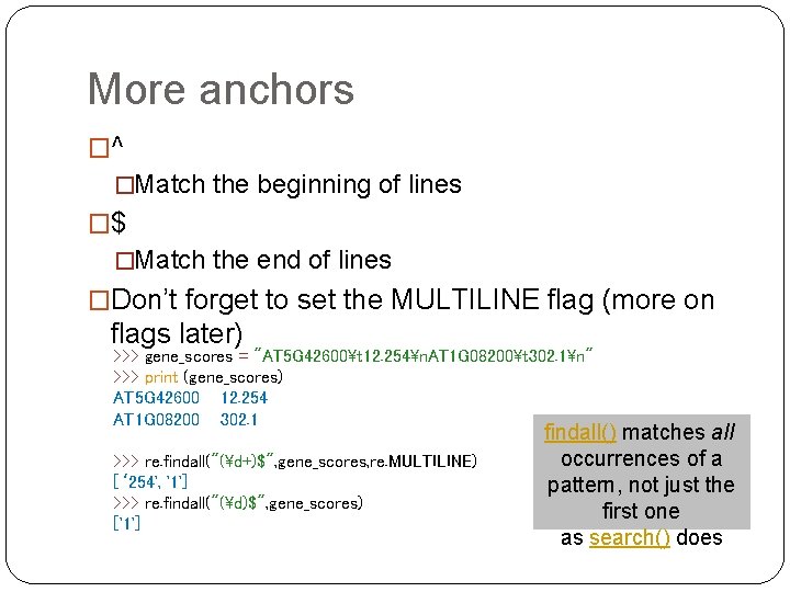More anchors �^ �Match the beginning of lines �$ �Match the end of lines
