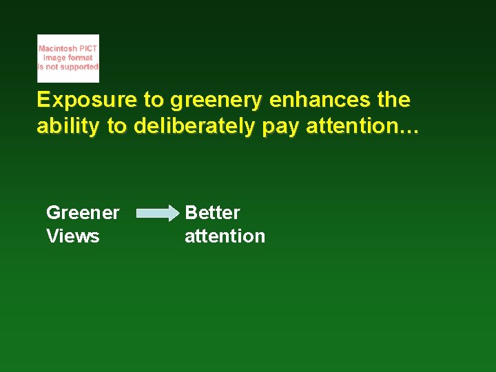 Exposure to greenery enhances the ability to deliberately pay attention… Greener Views Better attention