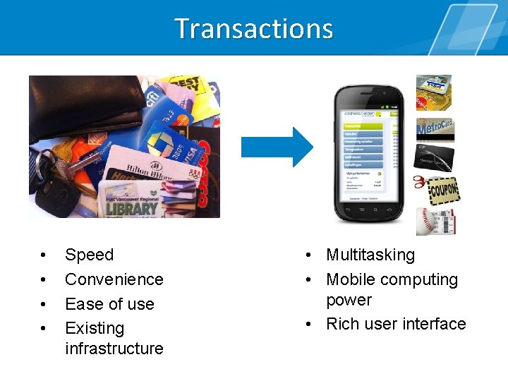 Transactions • • Speed Convenience Ease of use Existing infrastructure • Multitasking • Mobile