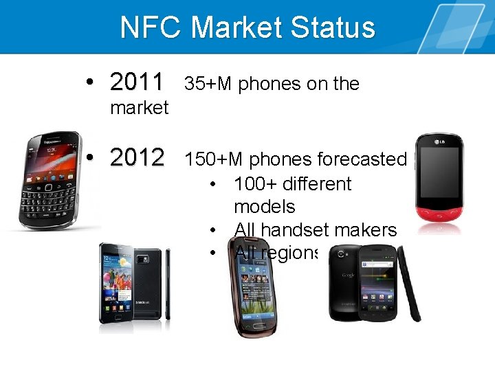 NFC Market Status • 2011 35+M phones on the market • 2012 150+M phones