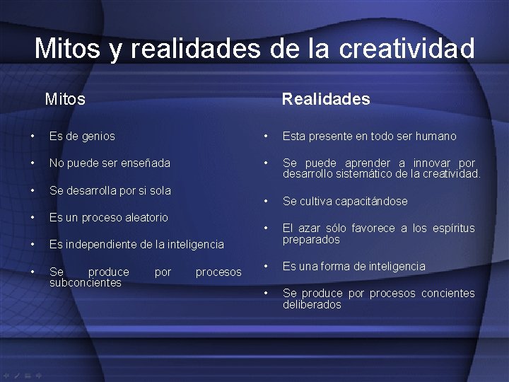 Mitos y realidades de la creatividad Mitos Realidades • Es de genios • Esta
