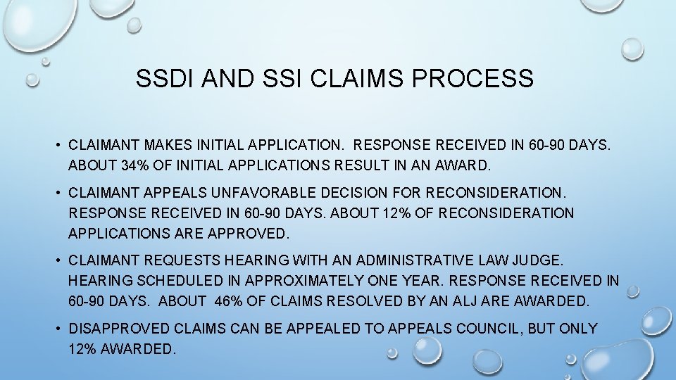 SSDI AND SSI CLAIMS PROCESS • CLAIMANT MAKES INITIAL APPLICATION. RESPONSE RECEIVED IN 60