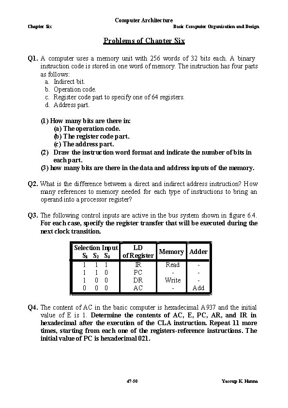 Computer Architecture Chapter Six Basic Computer Organization and Design Problems of Chapter Six Q