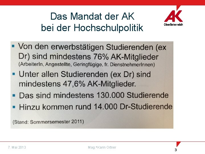 Das Mandat der AK bei der Hochschulpolitik 7. Mai 2013 Mag. a Karin Ortner