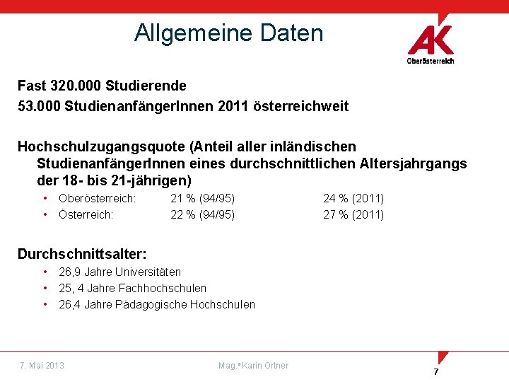 Allgemeine Daten Fast 320. 000 Studierende 53. 000 Studienanfänger. Innen 2011 österreichweit Hochschulzugangsquote (Anteil