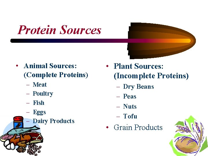Protein Sources • Animal Sources: (Complete Proteins) – – – Meat Poultry Fish Eggs