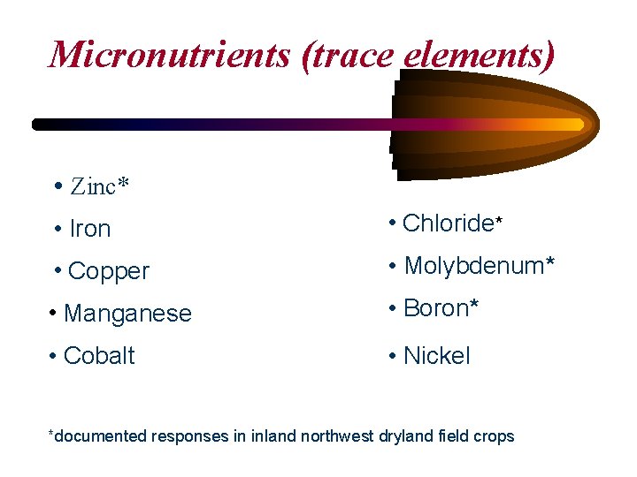 Micronutrients (trace elements) • Zinc* • Iron • Chloride* • Copper • Molybdenum* •
