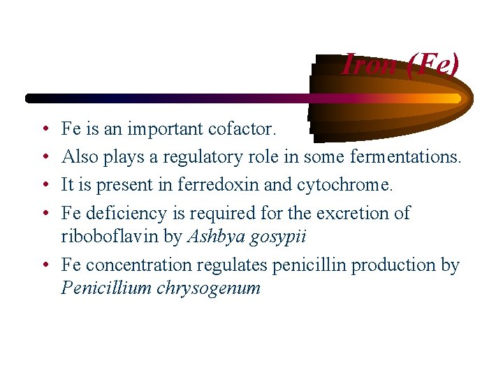 Iron (Fe) • • Fe is an important cofactor. Also plays a regulatory role