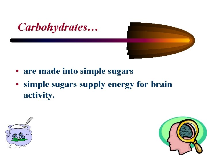 Carbohydrates… • are made into simple sugars • simple sugars supply energy for brain