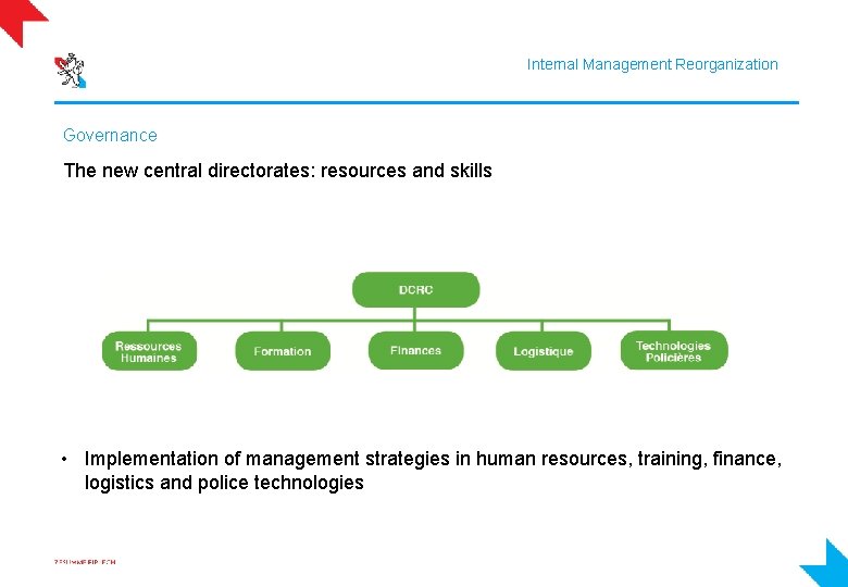 Internal Management Reorganization Governance The new central directorates: resources and skills • Implementation of