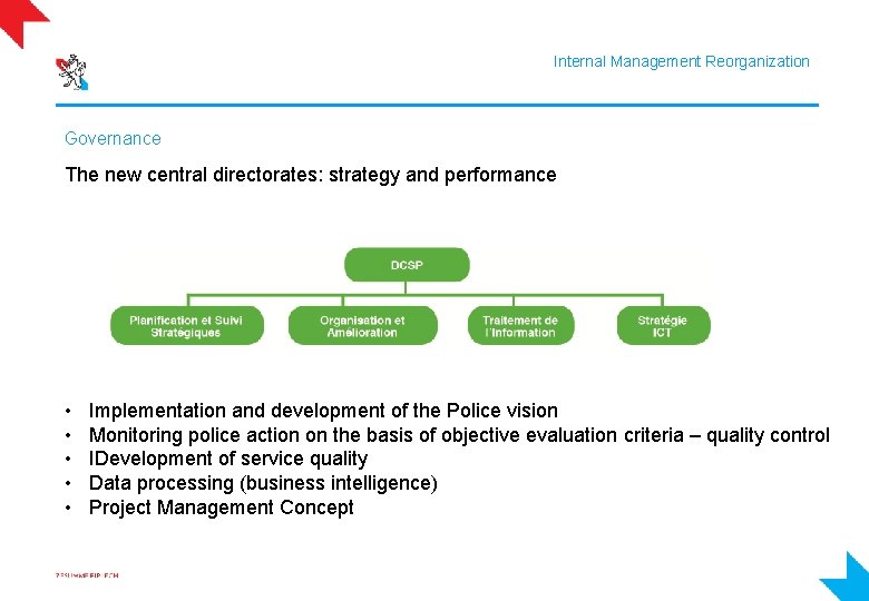 Internal Management Reorganization Governance The new central directorates: strategy and performance • • •
