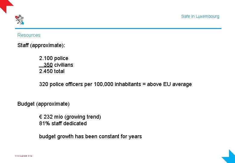 Safe in Luxembourg Resources Staff (approximate): 2. 100 police 350 civilians 2. 450 total