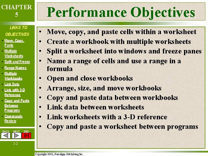 CHAPTER 5 LINKS TO OBJECTIVES • Move, Copy, Paste • Multiple Worksheets • Split