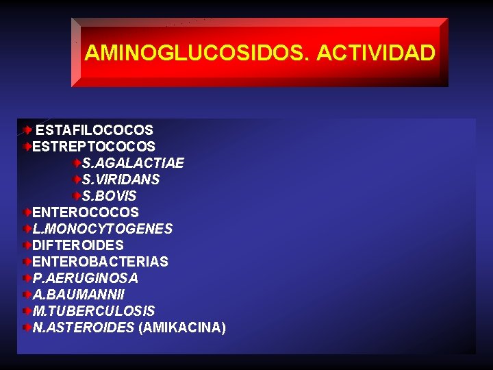 AMINOGLUCOSIDOS. ACTIVIDAD ESTAFILOCOCOS ESTREPTOCOCOS S. AGALACTIAE S. VIRIDANS S. BOVIS ENTEROCOCOS L. MONOCYTOGENES DIFTEROIDES