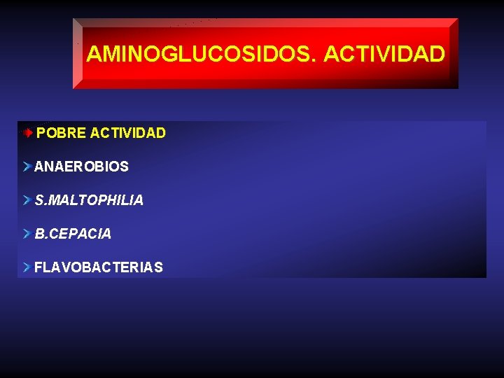 AMINOGLUCOSIDOS. ACTIVIDAD POBRE ACTIVIDAD ANAEROBIOS S. MALTOPHILIA B. CEPACIA FLAVOBACTERIAS 