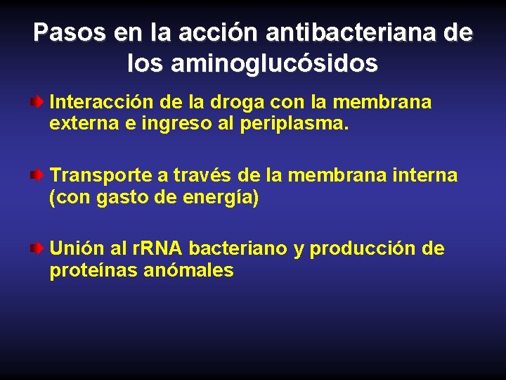 Pasos en la acción antibacteriana de los aminoglucósidos Interacción de la droga con la