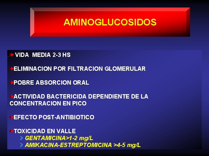 AMINOGLUCOSIDOS VIDA MEDIA 2 -3 HS ELIMINACION POR FILTRACION GLOMERULAR POBRE ABSORCION ORAL ACTIVIDAD
