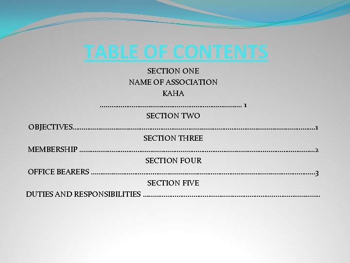 TABLE OF CONTENTS SECTION ONE NAME OF ASSOCIATION KAHA …………………………………. 1 SECTION TWO OBJECTIVES………………………………………………………….