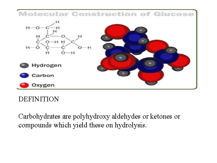 DEFINITION Carbohydrates are polyhydroxy aldehydes or ketones or compounds which yield these on hydrolysis.