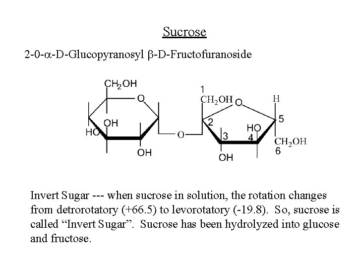 Sucrose 2 -0 -a-D-Glucopyranosyl b-D-Fructofuranoside Invert Sugar --- when sucrose in solution, the rotation