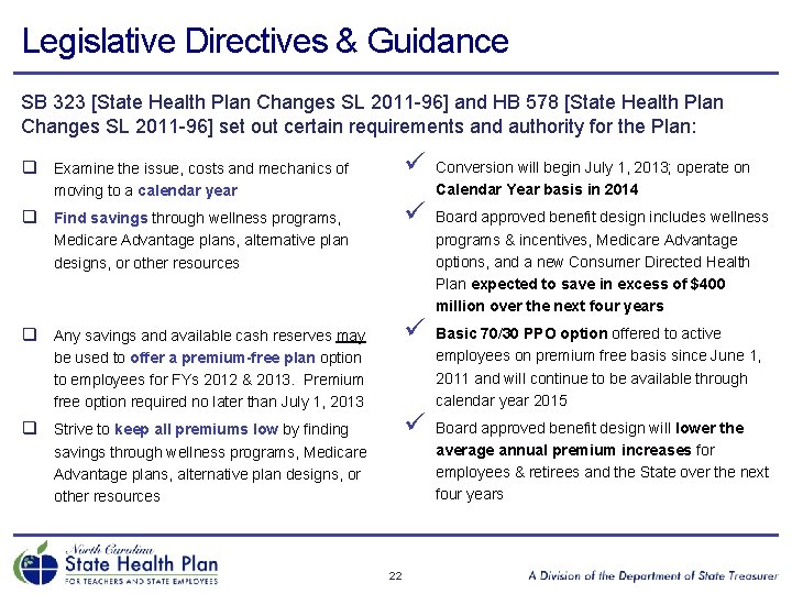 Legislative Directives & Guidance SB 323 [State Health Plan Changes SL 2011 -96] and