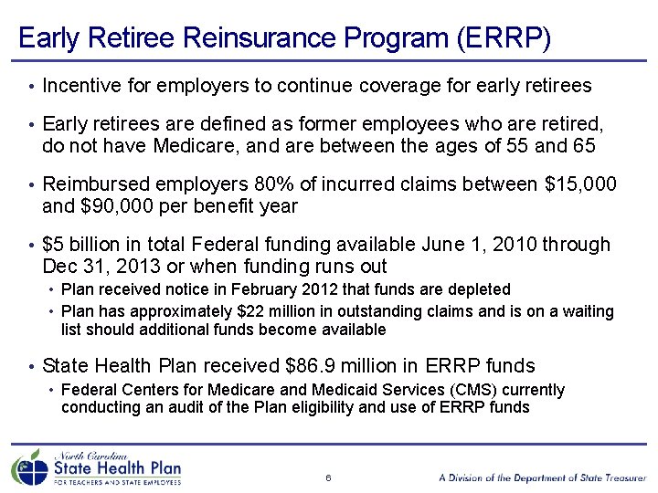 Early Retiree Reinsurance Program (ERRP) • Incentive for employers to continue coverage for early