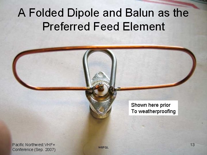 A Folded Dipole and Balun as the Preferred Feed Element Shown here prior To