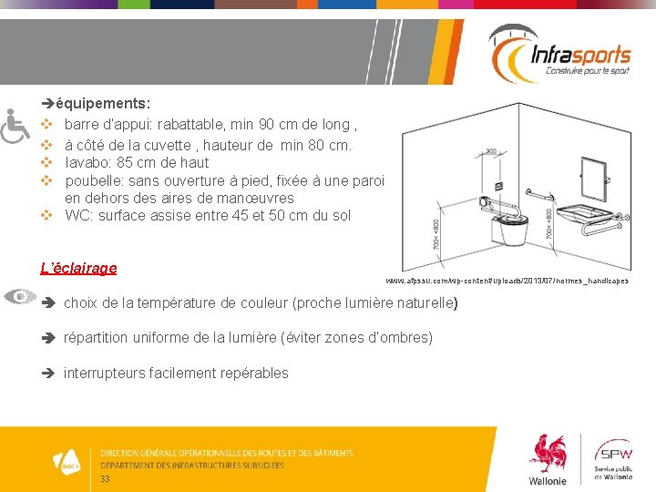  équipements: v barre d’appui: rabattable, min 90 cm de long , v à